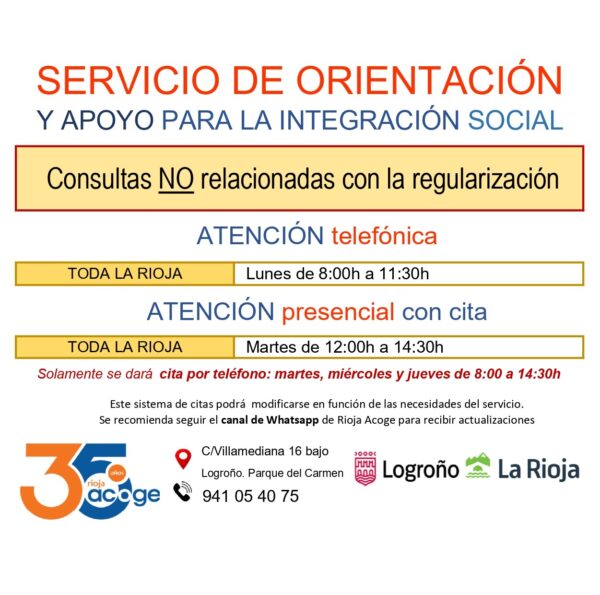 Horario de atención servicio de orientación para temas que no sean regularización extraordinaria