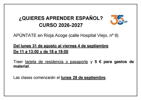 Cartel informativo. Inscripciones clases de castellano y cultura española en Rioja Acoge 2026-2027