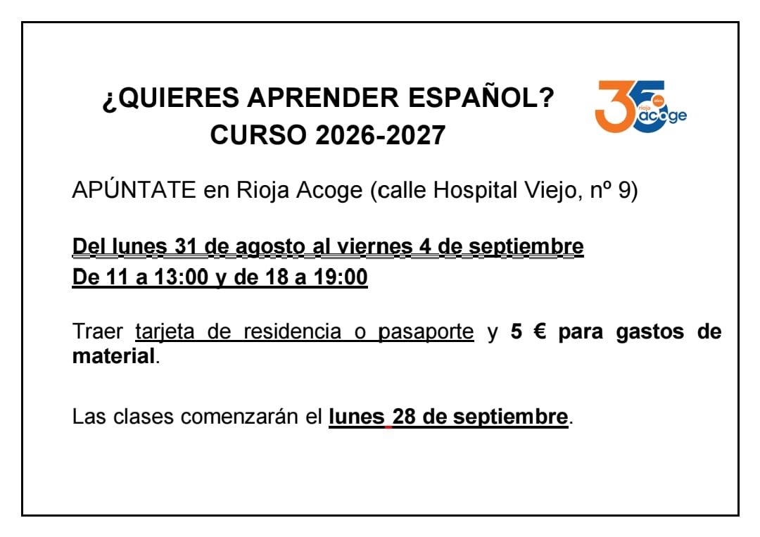 Cartel informativo. Inscripciones clases de castellano y cultura española en Rioja Acoge 2026-2027