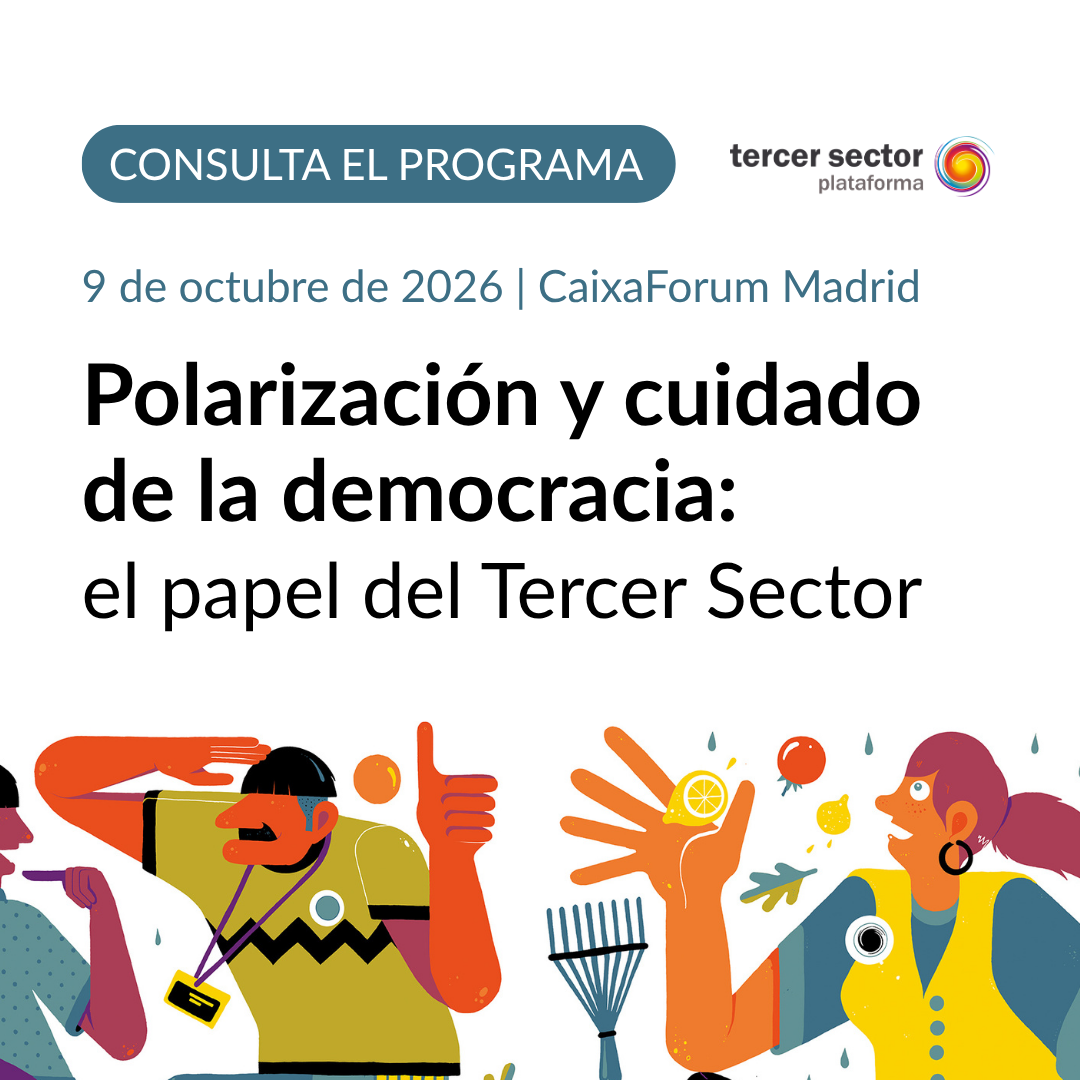 Cartel sobre el día del Tercer Sector y la charla Polarización y cuidado de la democracia